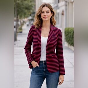 LOFT Red & Navy Striped Knit Office Blazer Single Button Lined size 4